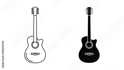 Acoustic Guitar Icons - Black and White Line Art and Silhouette