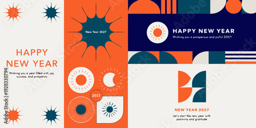 Colorful Geometric New Year Greeting Card Set – Modern Abstract Holiday Designs with Bold Shapes, Festive Patterns, and Contemporary Layouts for Seasonal Marketing and Creative Print Templates