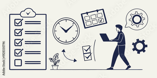 A person walking with a briefcase, surrounded by time and schedule-related icons. Vector