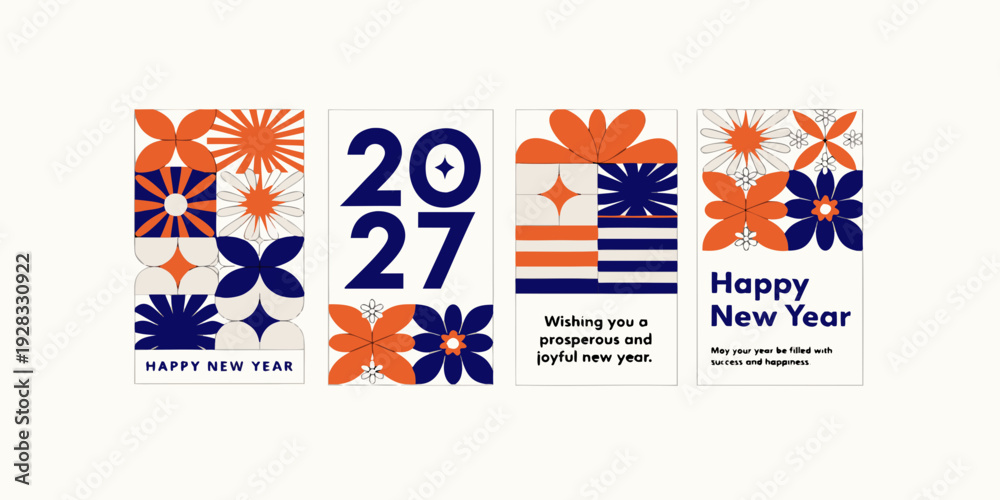 Obraz premium New Year 2027 Floral Templates | Modern Geometric Greeting Designs, Festive Pattern Graphics & Contemporary Holiday Message Artwork