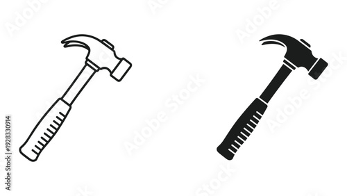 Hammer Icon Set: Line Art and Silhouette for Tools and Construction