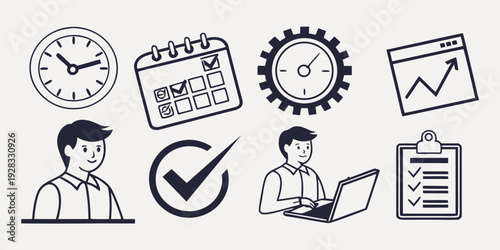 Illustrations of time management, productivity, and project planning tools and concepts. Vector