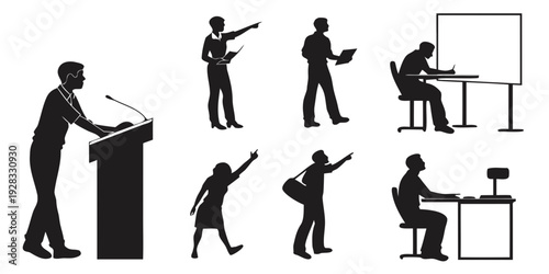 Diverse individuals engaged in various forms of public speaking and presentations Vector