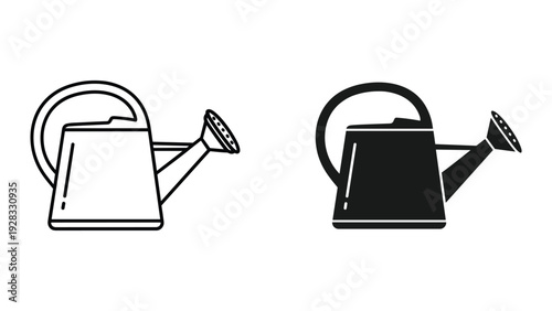 Watering Can Icon Set: Line Art and Silhouette