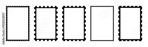 Postage stamp frames assortment isolated on transparent background, black perforated borders, rectangular blank templates, classic postal design elements, retro philately collection
