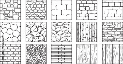 Collection of various stone brick and wood textures in black and white for design and architecture