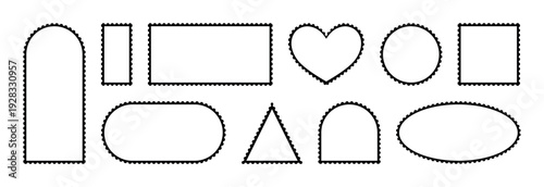 Creative postage stamp shapes vector set isolated on transparent background, perforated heart circle oval arch triangle rectangle templates, retro postal decorative frames collection