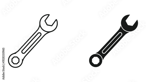 Wrench Icons: Line Art and Silhouette, Isolated on White Background