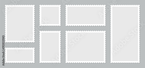Blank postage stamp collection isolated on gray background, various shapes and sizes, perforated edges, vintage mail template set, realistic paper frame mockup design resource high resolution pack set
