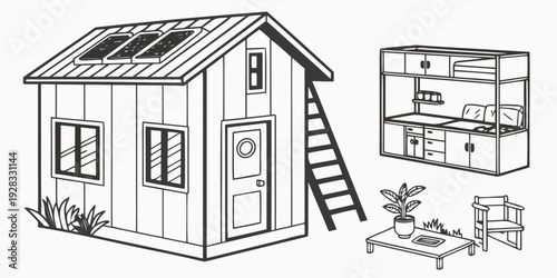 A detailed illustration of a small house with a ladder and blueprints Vector
