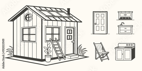 A charming small house with a cozy garden and comfortable furniture Vector