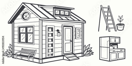 A charming, small house with a gabled roof and a chimney, accompanied by a tree and a ladder. Vector