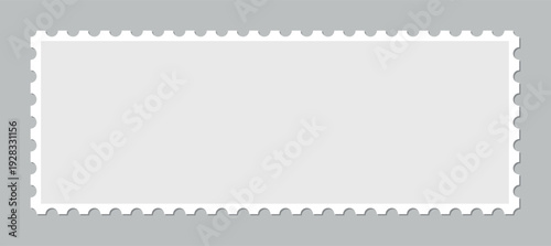 Long horizontal postage stamp template with detailed perforated border isolated on gray background, blank postal mockup for branding, banner layout, realistic philately design element
