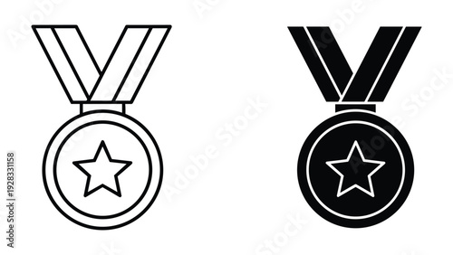 Star Medal Icon Set: Outline and Silhouette