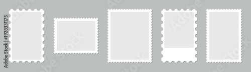 Vertical postage stamp frames set with classic perforated edges isolated on gray background, blank postal templates for scrapbook, album design, realistic philately illustration