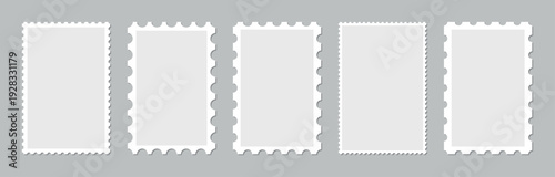 Blank postage stamp collection set isolated on gray background, perforated edges, various rectangular shapes, vintage mail design template, realistic mockup frame for branding, scrapbooking, printing