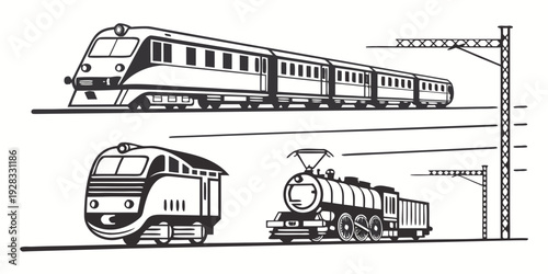 A diverse collection of trains and trams showcasing various designs and purposes Vector