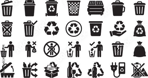 Collection of black recycling and trash icons on white background for eco friendly concepts and waste management themes
