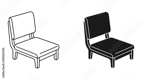Line Art and Silhouette of a Modern Armless Chair, Isometric View