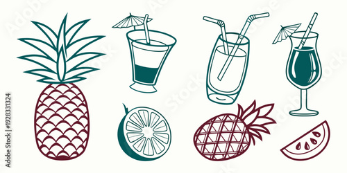 A delightful assortment of tropical fruits and vegetables in a playful illustration Vector