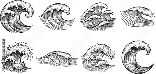 Collection of various ocean wave illustrations in different styles and motions on white background