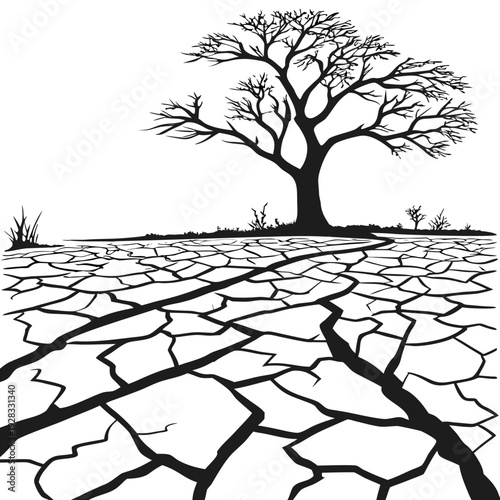 Dry cracked earth with bare tree drought desolate landscape