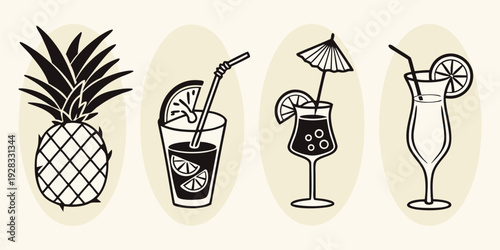 Assorted tropical fruits and a glass of champagne on a table Vector