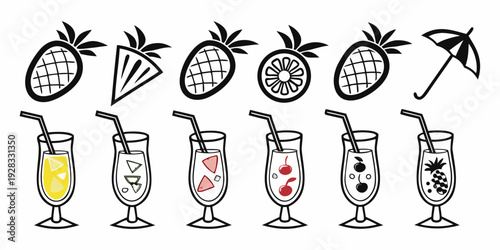 A series of cups and glasses filled with various beverages and fruits Vector