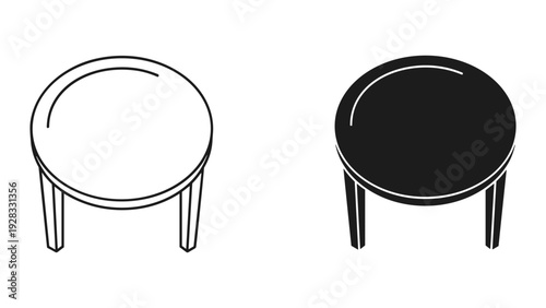 Round Table Icon: Outline and Solid Black Illustration on White Background