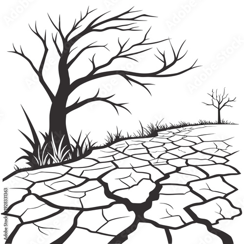 Dry cracked earth with bare trees and grass ground