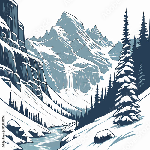 Snowy mountain landscape with river and trees winter scene