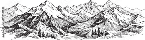 Snowy mountain range landscape with trees and rugged peaks in black and white illustration style