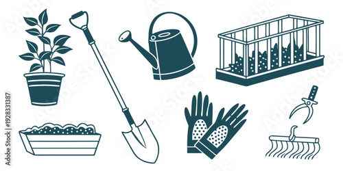 Assorted gardening tools and equipment arranged neatly for use. Vector