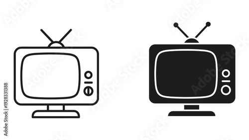 Retro Television Icon Set: Line Art and Silhouette, Vintage TV with Antenna