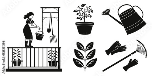 A person gardening with various tools and plants in a garden setting. Vector