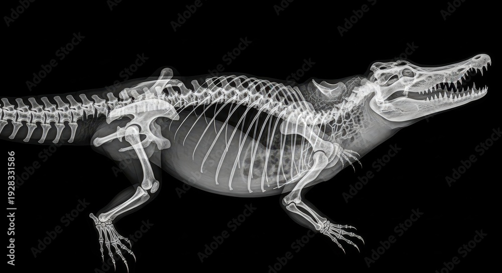 Naklejka premium Unique skeletal display of a crocodile showcases intricate bone structure under x-ray light in a captivating science setting