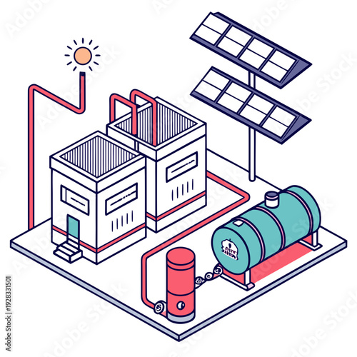 Futuristic energy supply system with solar panels and storage tanks
