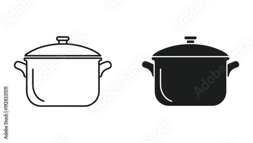 Line Art and Silhouette of Cooking Pots with Lids, Isolated on White Background
