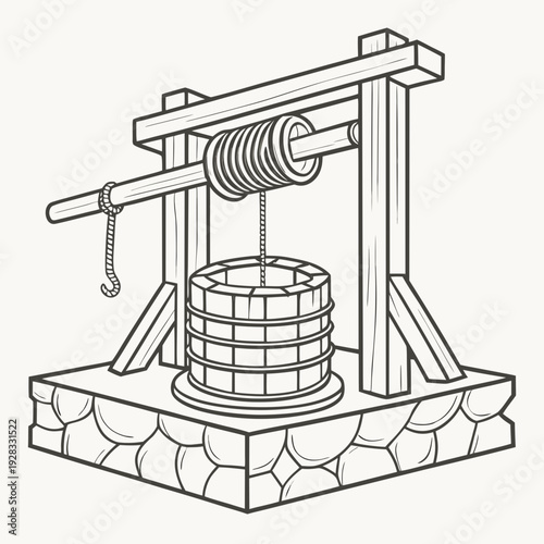 Ancient wooden well with rope and bucket