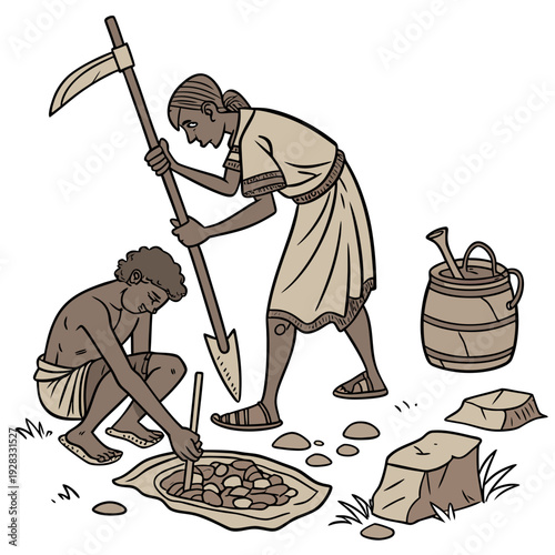 Ancient people working with stone tools stone age