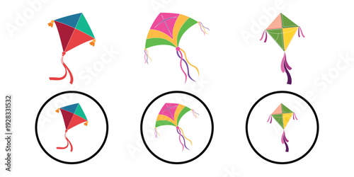Kite Icon Set – Flying Diamond Kite with Decorative Tail Vector Illustration for Apps, Web and Toys