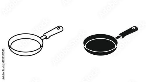Frying Pan Icon Set: Outline and Silhouette of a Skillet