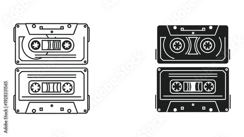Vintage Cassette Tapes Set: Line Art and Silhouette Icons