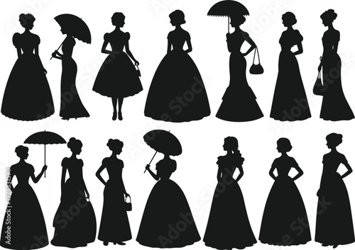 Vintage Victorian women silhouettes collection, elegant lady figures with umbrella and gowns black vector illustration isolated background