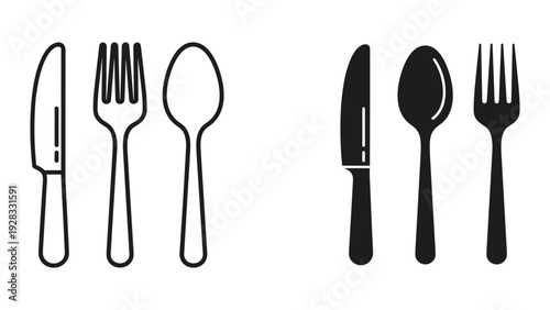 Cutlery Icons: Knife, Fork, Spoon - Outline and Silhouette Styles