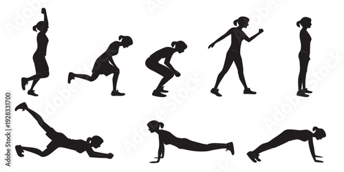 A series of black and white silhouettes depicting various yoga poses. Vector