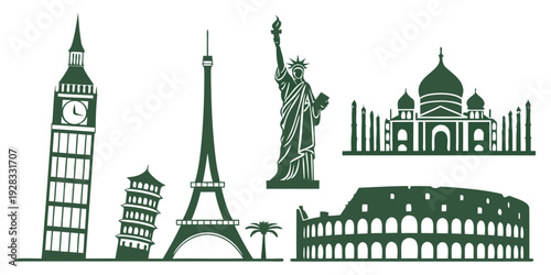 Iconic landmarks from around the world depicted in simple black and white line art Vector