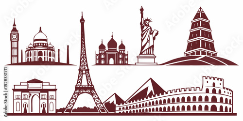Iconic landmarks from around the world depicted in a stylized manner Vector