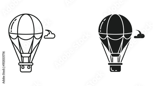 Hot Air Balloon Icon Set: Line Art and Silhouette on White