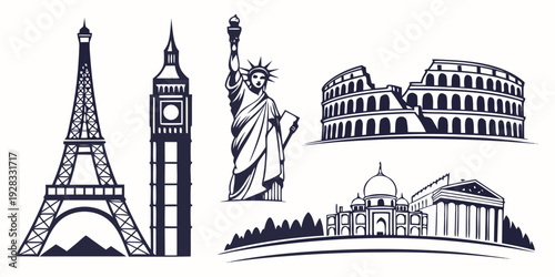 Iconic landmarks from around the world showcased in a vintage illustration style Vector